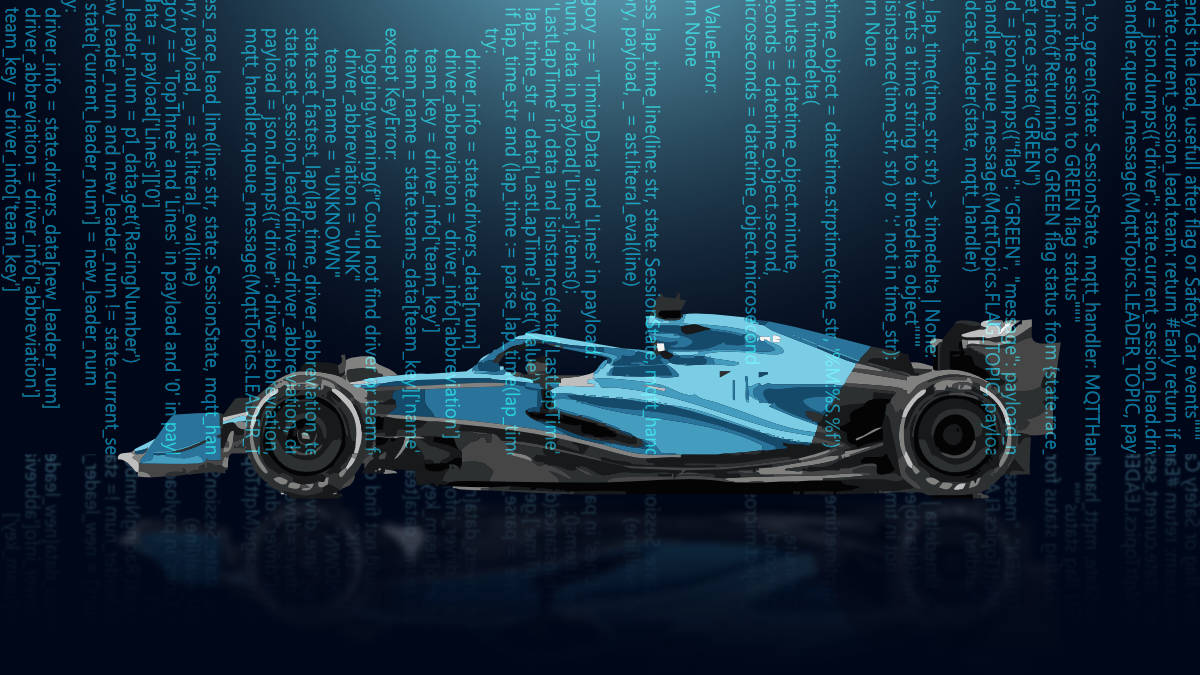 Image showing a stylized F1 car with code text overlaid